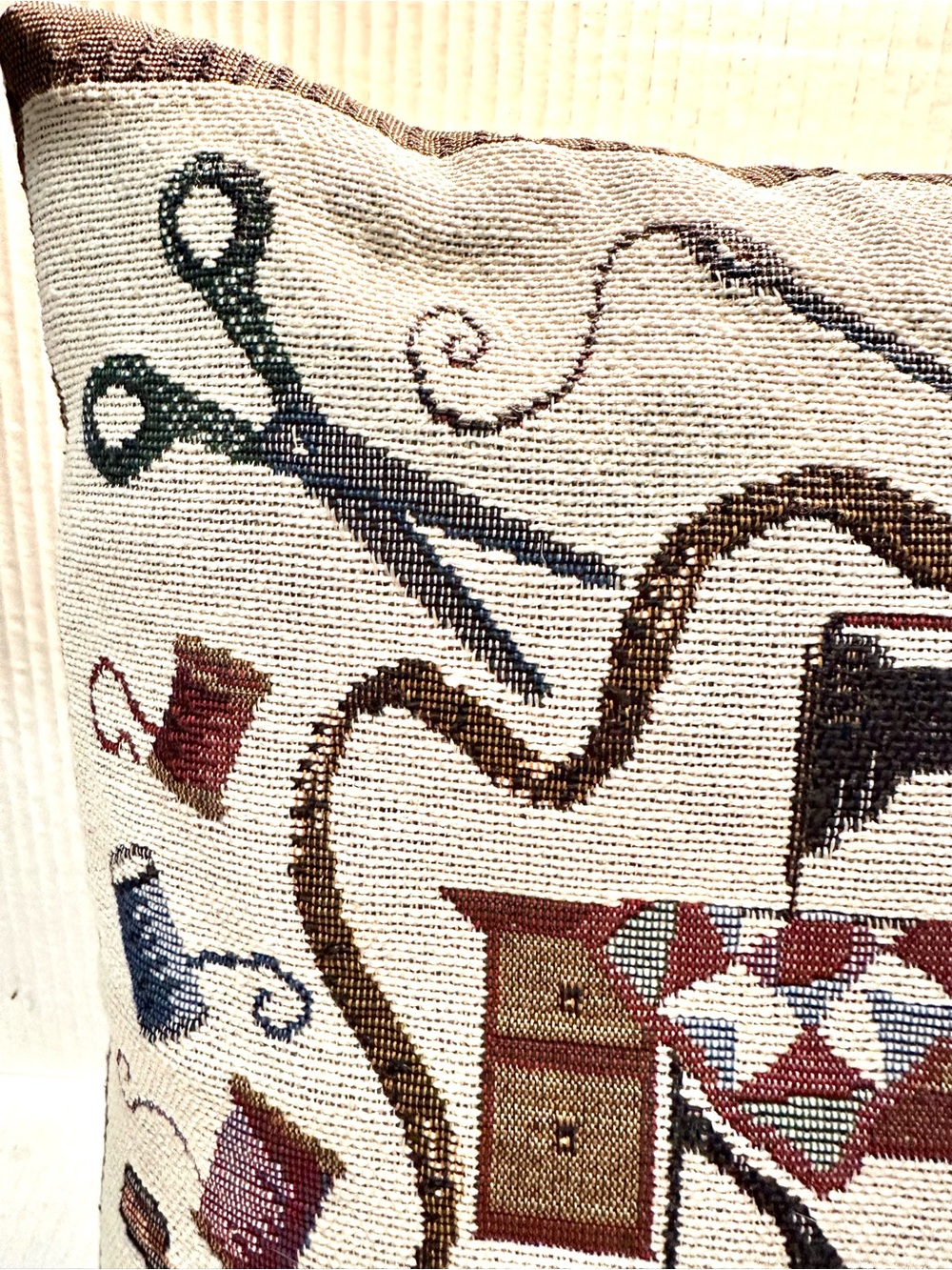 Vintage Tapestry Sewing Machine Accent Pillow  in Cream and Brown - Picture 8 of 10